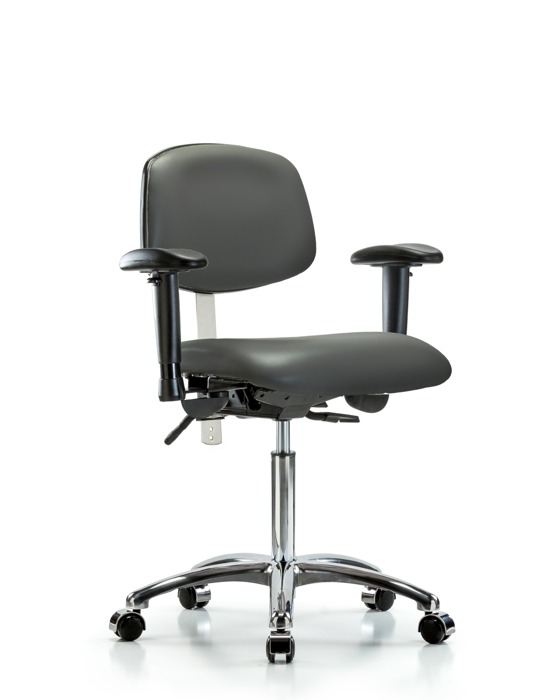 Blue Ridge Ergonomics NCR-VMBCH-CR-T1-A1-NF-CC-8823 Class 100 Vinyl Clean Room Chair - Medium Bench Height with Seat Tilt, Adjustable Arms, & Casters in Carbon Supernova™ Vinyl