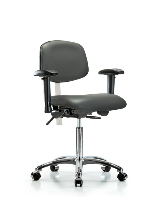 Blue Ridge Ergonomics NCR-VMBCH-CR-T1-A1-NF-CC-8823 Class 100 Vinyl Clean Room Chair - Medium Bench Height with Seat Tilt, Adjustable Arms, & Casters in Carbon Supernova™ Vinyl