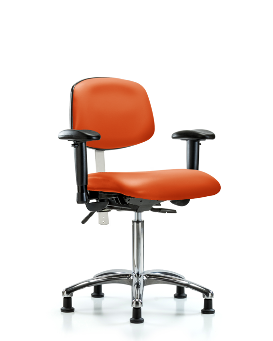 Blue Ridge Ergonomics NCR-VMBCH-CR-T1-A1-NF-RG-8613 Class 100 Vinyl Clean Room Chair - Medium Bench Height with Seat Tilt, Adjustable Arms, & Stationary Glides in Orange Kist Trailblazer™ Vinyl
