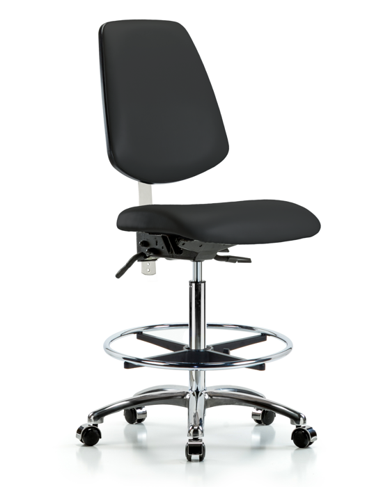 Blue Ridge Ergonomics NCR-VMBCH-MB-CR-T0-A0-CF-CC-8540 Class 100 Vinyl Clean Room Chair - Medium Bench Height with Medium Back, Chrome Foot Ring, & Casters in Black Trailblazer™ Vinyl