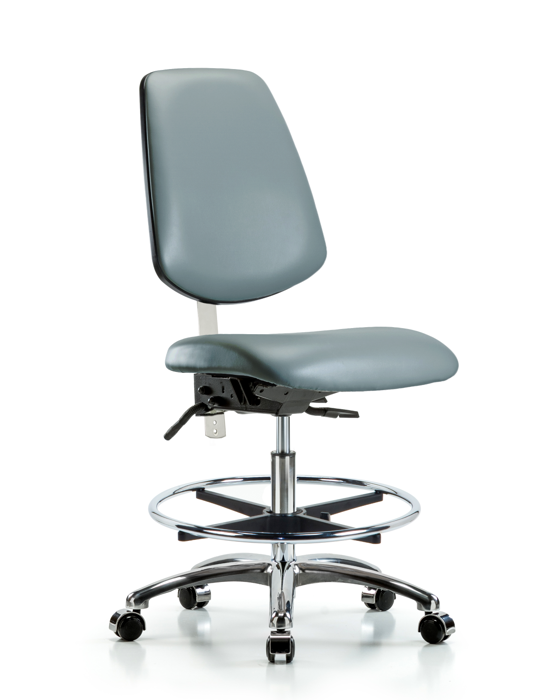 Blue Ridge Ergonomics NCR-VMBCH-MB-CR-T0-A0-CF-CC-8822 Class 100 Vinyl Clean Room Chair - Medium Bench Height with Medium Back, Chrome Foot Ring, & Casters in Storm Supernova™ Vinyl