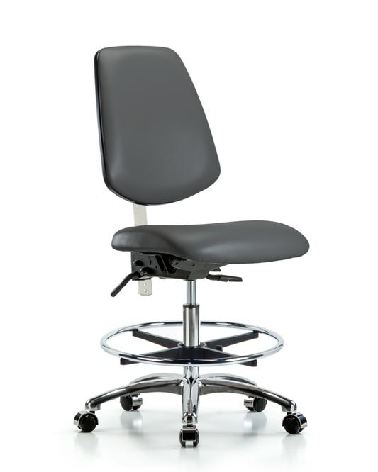Blue Ridge Ergonomics NCR-VMBCH-MB-CR-T0-A0-CF-CC-8823 Class 100 Vinyl Clean Room Chair - Medium Bench Height with Medium Back, Chrome Foot Ring, & Casters in Carbon Supernova™ Vinyl