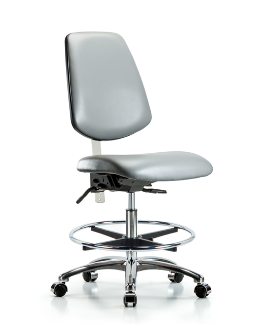 Blue Ridge Ergonomics NCR-VMBCH-MB-CR-T0-A0-CF-CC-8840 Class 100 Vinyl Clean Room Chair - Medium Bench Height with Medium Back, Chrome Foot Ring, & Casters in Sterling Supernova™ Vinyl