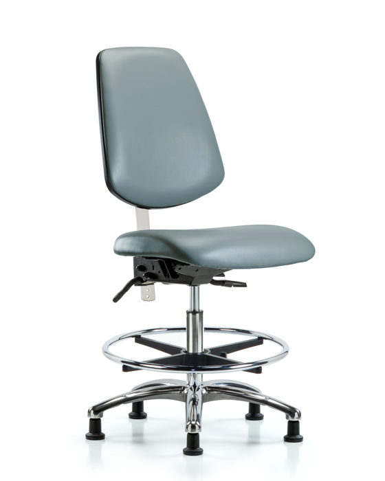Blue Ridge Ergonomics NCR-VMBCH-MB-CR-T0-A0-CF-RG-8822 Class 100 Vinyl Clean Room Chair - Medium Bench Height with Medium Back, Chrome Foot Ring, & Stationary Glides in Storm Supernova™ Vinyl