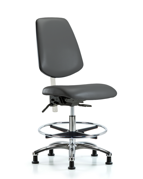 Blue Ridge Ergonomics NCR-VMBCH-MB-CR-T0-A0-CF-RG-8823 Class 100 Vinyl Clean Room Chair - Medium Bench Height with Medium Back, Chrome Foot Ring, & Stationary Glides in Carbon Supernova™ Vinyl