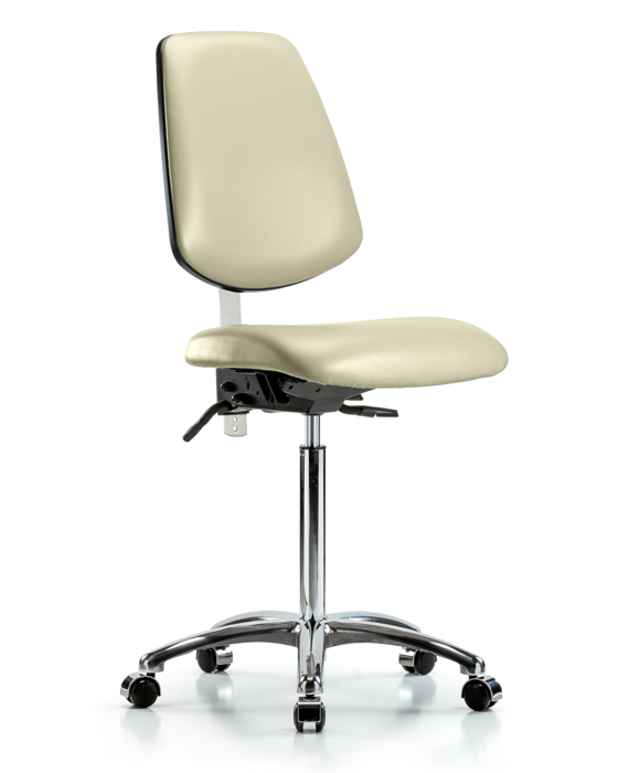 Blue Ridge Ergonomics NCR-VMBCH-MB-CR-T0-A0-NF-CC-8501 Class 100 Vinyl Clean Room Chair - Medium Bench Height with Medium Back & Casters in Adobe White Trailblazer™ Vinyl