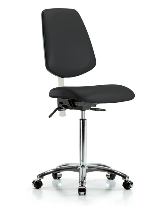 Blue Ridge Ergonomics NCR-VMBCH-MB-CR-T0-A0-NF-CC-8540 Class 100 Vinyl Clean Room Chair - Medium Bench Height with Medium Back & Casters in Black Trailblazer™ Vinyl