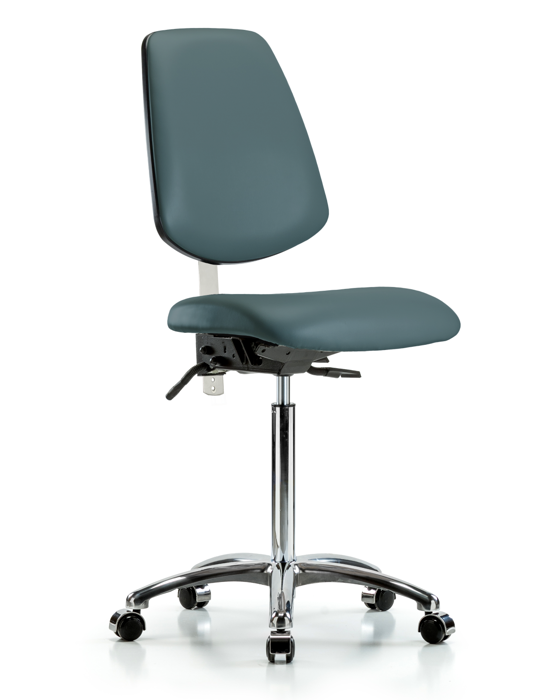 Blue Ridge Ergonomics NCR-VMBCH-MB-CR-T0-A0-NF-CC-8546 Class 100 Vinyl Clean Room Chair - Medium Bench Height with Medium Back & Casters in Colonial Blue Trailblazer™ Vinyl