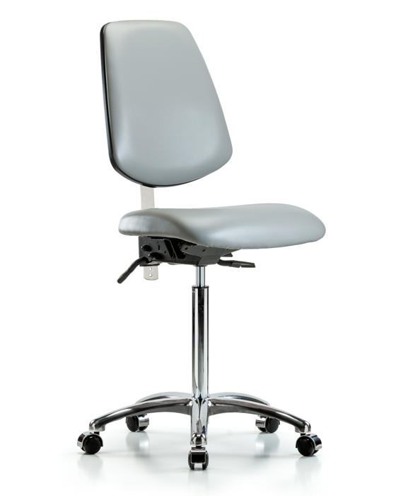 Blue Ridge Ergonomics NCR-VMBCH-MB-CR-T0-A0-NF-CC-8567 Class 100 Vinyl Clean Room Chair - Medium Bench Height with Medium Back & Casters in Dove Trailblazer™ Vinyl