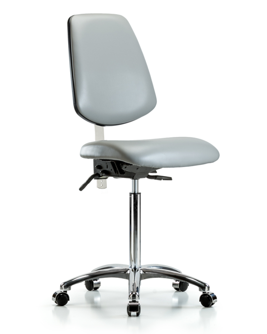 Blue Ridge Ergonomics NCR-VMBCH-MB-CR-T0-A0-NF-CC-8567 Class 100 Vinyl Clean Room Chair - Medium Bench Height with Medium Back & Casters in Dove Trailblazer™ Vinyl