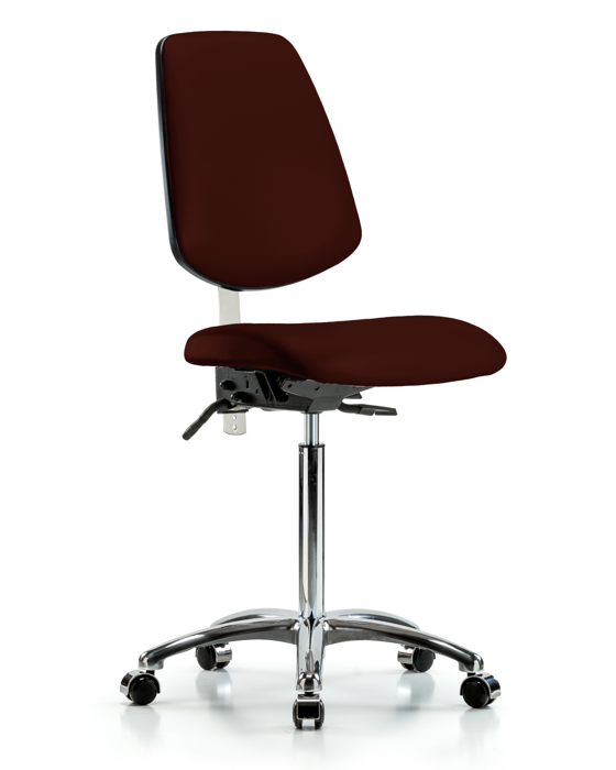 Blue Ridge Ergonomics NCR-VMBCH-MB-CR-T0-A0-NF-CC-8569 Class 100 Vinyl Clean Room Chair - Medium Bench Height with Medium Back & Casters in Burgundy Trailblazer™ Vinyl