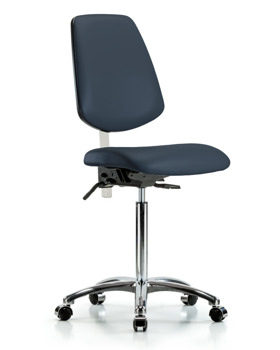 Blue Ridge Ergonomics NCR-VMBCH-MB-CR-T0-A0-NF-CC-8582 Class 100 Vinyl Clean Room Chair - Medium Bench Height with Medium Back & Casters in Imperial Blue Trailblazer™ Vinyl
