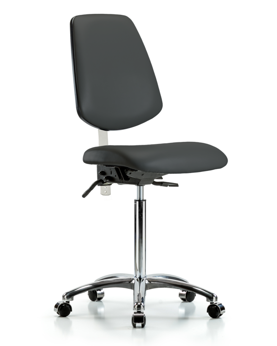 Blue Ridge Ergonomics NCR-VMBCH-MB-CR-T0-A0-NF-CC-8605 Class 100 Vinyl Clean Room Chair - Medium Bench Height with Medium Back & Casters in Charcoal Trailblazer™ Vinyl