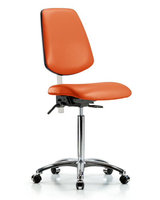 Blue Ridge Ergonomics NCR-VMBCH-MB-CR-T0-A0-NF-CC-8613 Class 100 Vinyl Clean Room Chair - Medium Bench Height with Medium Back & Casters in Orange Kist Trailblazer™ Vinyl