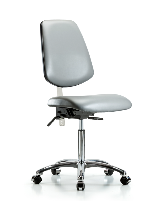 Blue Ridge Ergonomics NCR-VMBCH-MB-CR-T0-A0-NF-CC-8840 Class 100 Vinyl Clean Room Chair - Medium Bench Height with Medium Back & Casters in Sterling Supernova™ Vinyl