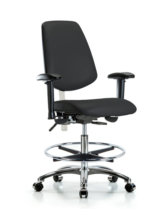 Blue Ridge Ergonomics NCR-VMBCH-MB-CR-T0-A1-CF-CC-8540 Class 100 Vinyl Clean Room Chair - Medium Bench Height with Medium Back, Adjustable Arms, Chrome Foot Ring, & Casters in Black Trailblazer™ Vinyl