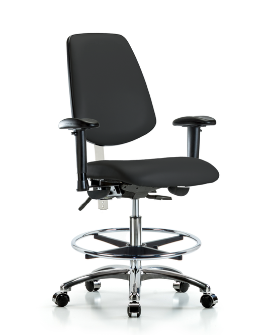 Blue Ridge Ergonomics NCR-VMBCH-MB-CR-T0-A1-CF-CC-8540 Class 100 Vinyl Clean Room Chair - Medium Bench Height with Medium Back, Adjustable Arms, Chrome Foot Ring, & Casters in Black Trailblazer™ Vinyl