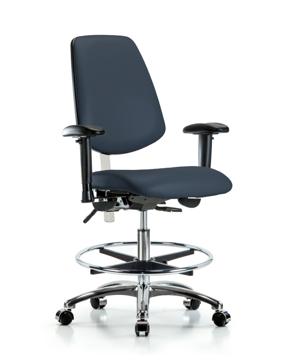 Blue Ridge Ergonomics NCR-VMBCH-MB-CR-T0-A1-CF-CC-8582 Class 100 Vinyl Clean Room Chair - Medium Bench Height with Medium Back, Adjustable Arms, Chrome Foot Ring, & Casters in Imperial Blue Trailblazer™ Vinyl
