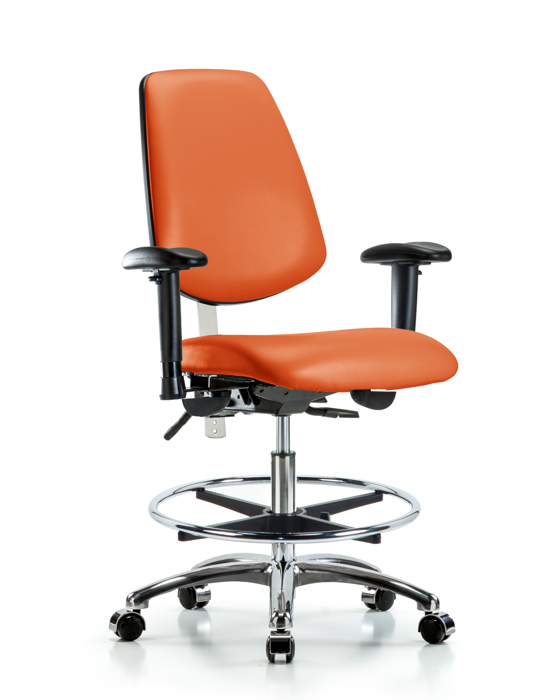 Blue Ridge Ergonomics NCR-VMBCH-MB-CR-T0-A1-CF-CC-8613 Class 100 Vinyl Clean Room Chair - Medium Bench Height with Medium Back, Adjustable Arms, Chrome Foot Ring, & Casters in Orange Kist Trailblazer™ Vinyl