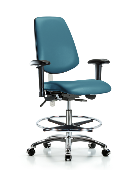 Blue Ridge Ergonomics NCR-VMBCH-MB-CR-T0-A1-CF-CC-8801 Class 100 Vinyl Clean Room Chair - Medium Bench Height with Medium Back, Adjustable Arms, Chrome Foot Ring, & Casters in Marine Blue Supernova™ Vinyl