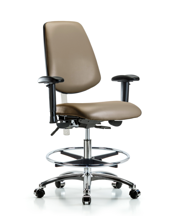 Blue Ridge Ergonomics NCR-VMBCH-MB-CR-T0-A1-CF-CC-8809 Class 100 Vinyl Clean Room Chair - Medium Bench Height with Medium Back, Adjustable Arms, Chrome Foot Ring, & Casters in Taupe Supernova™ Vinyl