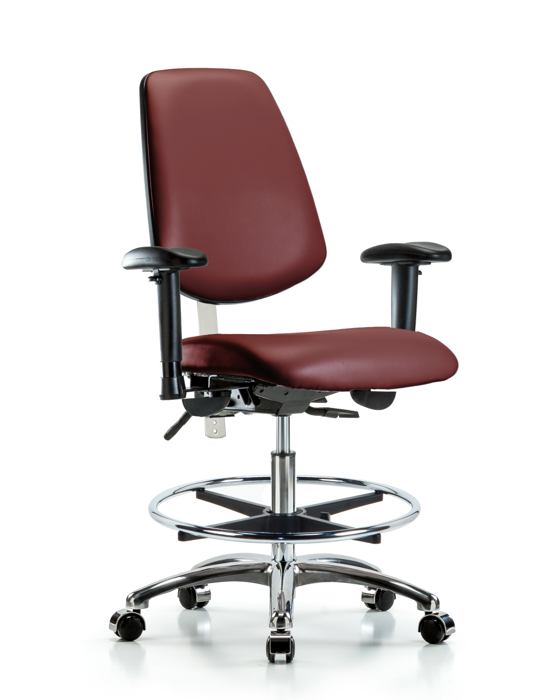 Blue Ridge Ergonomics NCR-VMBCH-MB-CR-T0-A1-CF-CC-8815 Class 100 Vinyl Clean Room Chair - Medium Bench Height with Medium Back, Adjustable Arms, Chrome Foot Ring, & Casters in Borscht Supernova™ Vinyl