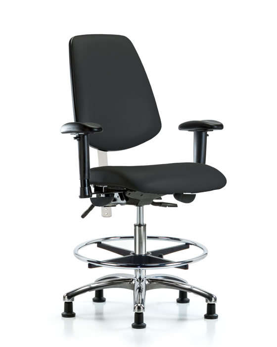 Blue Ridge Ergonomics NCR-VMBCH-MB-CR-T0-A1-CF-RG-8540 Class 100 Vinyl Clean Room Chair - Medium Bench Height with Medium Back, Adjustable Arms, Chrome Foot Ring, & Stationary Glides in Black Trailblazer™ Vinyl