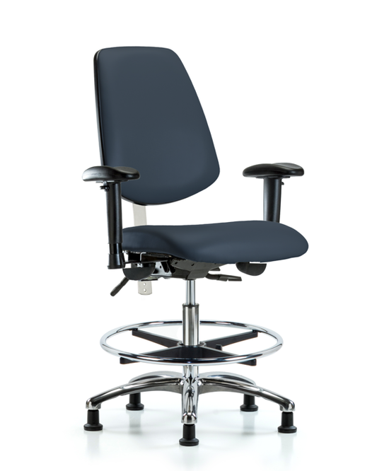 Blue Ridge Ergonomics NCR-VMBCH-MB-CR-T0-A1-CF-RG-8582 CL100 Vinyl Clean Room Chair - Medium Bench Height with Medium Back, Adjustable Arms, Chrome Foot Ring, & Stationary Glides in Imperial Blue Trailblazer™ Vinyl
