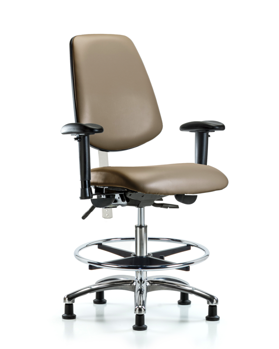 Blue Ridge Ergonomics NCR-VMBCH-MB-CR-T0-A1-CF-RG-8809 Class 100 Vinyl Clean Room Chair - Medium Bench Height with Medium Back, Adjustable Arms, Chrome Foot Ring, & Stationary Glides in Taupe Supernova™ Vinyl