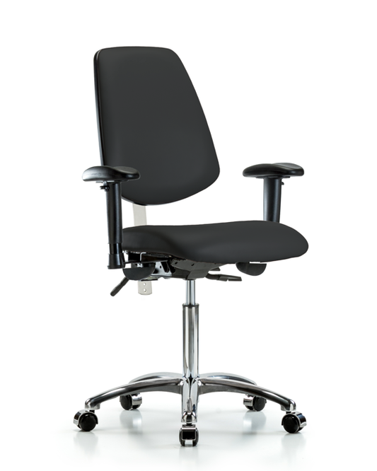 Blue Ridge Ergonomics NCR-VMBCH-MB-CR-T0-A1-NF-CC-8540 Class 100 Vinyl Clean Room Chair - Medium Bench Height with Medium Back, Adjustable Arms, & Casters in Black Trailblazer™ Vinyl