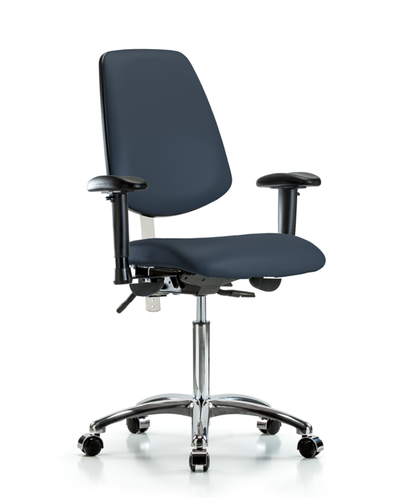 Blue Ridge Ergonomics NCR-VMBCH-MB-CR-T0-A1-NF-CC-8582 Class 100 Vinyl Clean Room Chair - Medium Bench Height with Medium Back, Adjustable Arms, & Casters in Imperial Blue Trailblazer™ Vinyl
