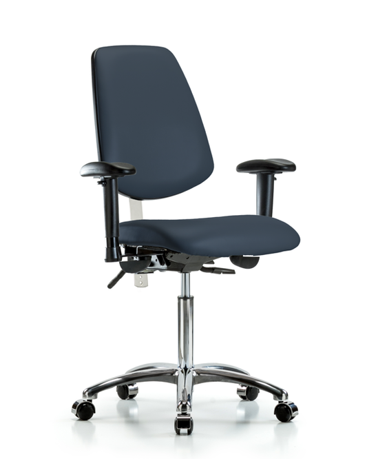Blue Ridge Ergonomics NCR-VMBCH-MB-CR-T0-A1-NF-CC-8582 Class 100 Vinyl Clean Room Chair - Medium Bench Height with Medium Back, Adjustable Arms, & Casters in Imperial Blue Trailblazer™ Vinyl