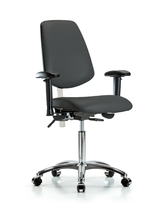 Blue Ridge Ergonomics NCR-VMBCH-MB-CR-T0-A1-NF-CC-8605 Class 100 Vinyl Clean Room Chair - Medium Bench Height with Medium Back, Adjustable Arms, & Casters in Charcoal Trailblazer™ Vinyl