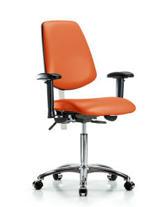 Blue Ridge Ergonomics VMBCH-MB-CR-T0-A1-NF-CC-8613 Rutledge Vinyl Chair Chrome - Medium Bench Height with Medium Back, Adjustable Arms, & Casters in Orange Kist Trailblazer™ Vinyl