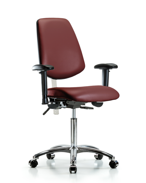 Blue Ridge Ergonomics NCR-VMBCH-MB-CR-T0-A1-NF-CC-8815 Class 100 Vinyl Clean Room Chair - Medium Bench Height with Medium Back, Adjustable Arms, & Casters in Borscht Supernova™ Vinyl