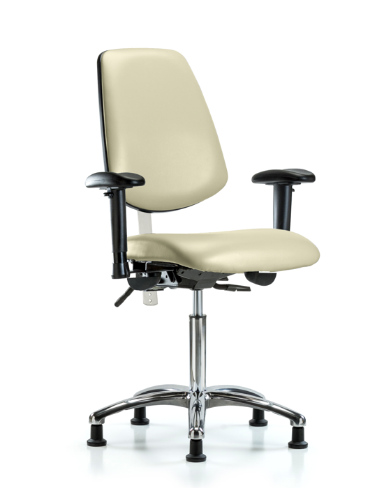 Blue Ridge Ergonomics NCR-VMBCH-MB-CR-T0-A1-NF-RG-8501 Class 100 Vinyl Clean Room Chair - Medium Bench Height with Medium Back, Adjustable Arms, & Stationary Glides in Adobe White Trailblazer™ Vinyl