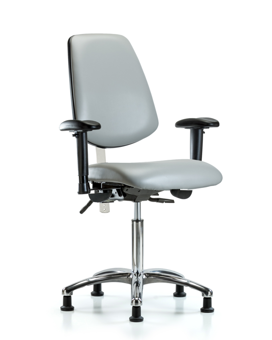 Blue Ridge Ergonomics NCR-VMBCH-MB-CR-T0-A1-NF-RG-8567 Class 100 Vinyl Clean Room Chair - Medium Bench Height with Medium Back, Adjustable Arms, & Stationary Glides in Dove Trailblazer™ Vinyl
