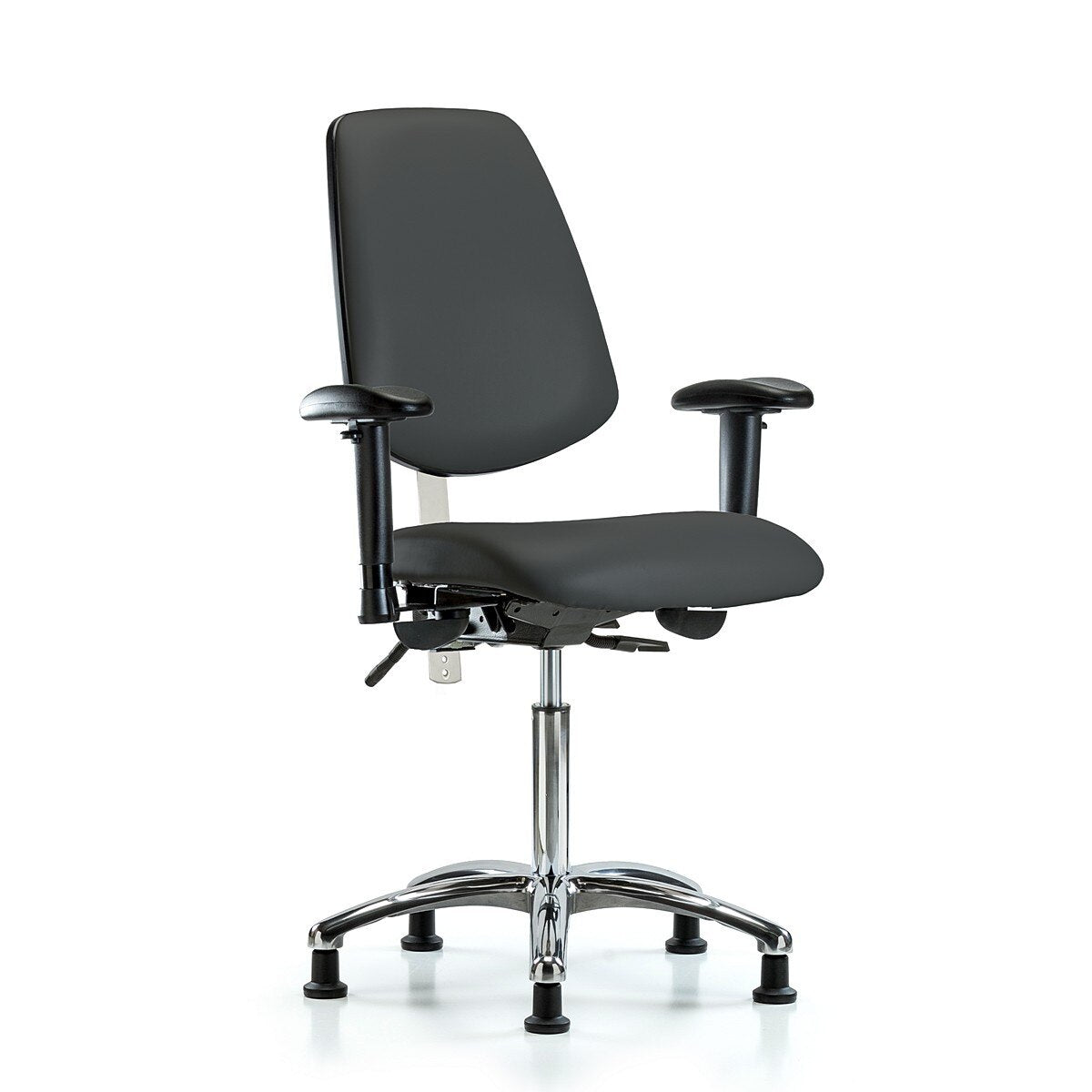 Blue Ridge Ergonomics NCR-VMBCH-MB-CR-T0-A1-NF-RG-8605 Class 100 Vinyl Clean Room Chair - Medium Bench Height with Medium Back, Adjustable Arms, & Stationary Glides in Charcoal Trailblazer™ Vinyl