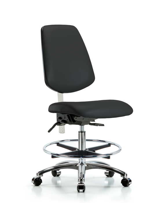 Blue Ridge Ergonomics NCR-VMBCH-MB-CR-T1-A0-CF-CC-8540 Class 100 Vinyl Clean Room Chair - Medium Bench Height with Medium Back, Seat Tilt, Chrome Foot Ring, & Casters in Black Trailblazer™ Vinyl