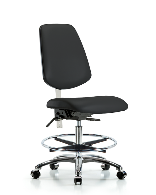 Blue Ridge Ergonomics NCR-VMBCH-MB-CR-T1-A0-CF-CC-8540 Class 100 Vinyl Clean Room Chair - Medium Bench Height with Medium Back, Seat Tilt, Chrome Foot Ring, & Casters in Black Trailblazer™ Vinyl