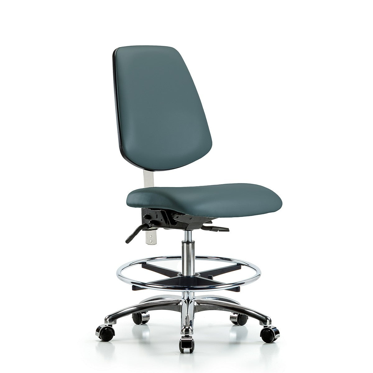 Blue Ridge Ergonomics NCR-VMBCH-MB-CR-T1-A0-CF-CC-8546 Class 100 Vinyl Clean Room Chair - Medium Bench Height with Medium Back, Seat Tilt, Chrome Foot Ring, & Casters in Colonial Blue Trailblazer™ Vinyl
