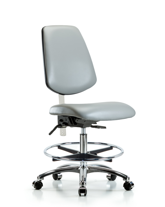 Blue Ridge Ergonomics NCR-VMBCH-MB-CR-T1-A0-CF-CC-8567 Class 100 Vinyl Clean Room Chair - Medium Bench Height with Medium Back, Seat Tilt, Chrome Foot Ring, & Casters in Dove Trailblazer™ Vinyl