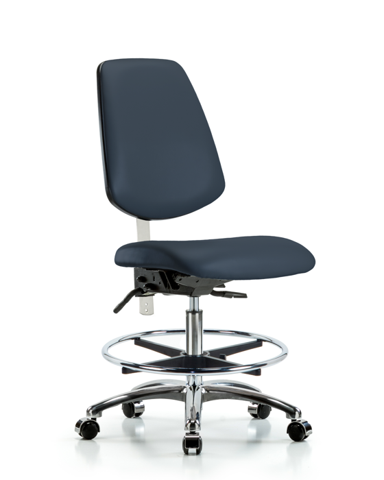 Blue Ridge Ergonomics NCR-VMBCH-MB-CR-T1-A0-CF-CC-8582 Class 100 Vinyl Clean Room Chair - Medium Bench Height with Medium Back, Seat Tilt, Chrome Foot Ring, & Casters in Imperial Blue Trailblazer™ Vinyl