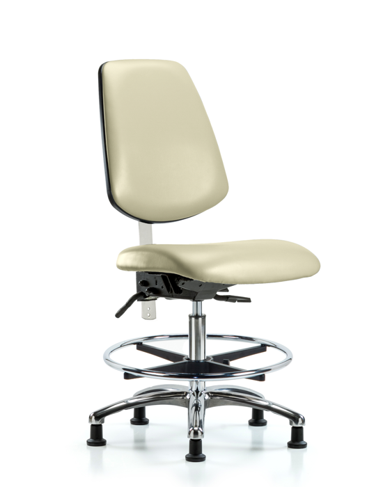 Blue Ridge Ergonomics NCR-VMBCH-MB-CR-T1-A0-CF-RG-8501 Class 100 Vinyl Clean Room Chair - Medium Bench Height with Medium Back, Seat Tilt, Chrome Foot Ring, & Stationary Glides in Adobe White Trailblazer™ Vinyl