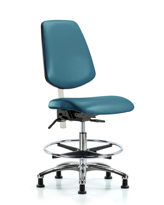 Blue Ridge Ergonomics NCR-VMBCH-MB-CR-T1-A0-CF-RG-8801 Class 100 Vinyl Clean Room Chair - Medium Bench Height with Medium Back, Seat Tilt, Chrome Foot Ring, & Stationary Glides in Marine Blue Supernova™ Vinyl