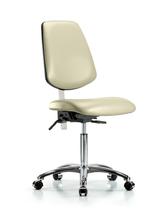 Blue Ridge Ergonomics NCR-VMBCH-MB-CR-T1-A0-NF-CC-8501 Class 100 Vinyl Clean Room Chair - Medium Bench Height with Medium Back, Seat Tilt, & Casters in Adobe White Trailblazer™ Vinyl