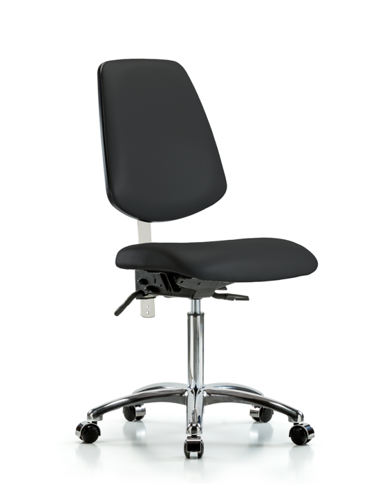 Blue Ridge Ergonomics NCR-VMBCH-MB-CR-T1-A0-NF-CC-8540 Class 100 Vinyl Clean Room Chair - Medium Bench Height with Medium Back, Seat Tilt, & Casters in Black Trailblazer™ Vinyl