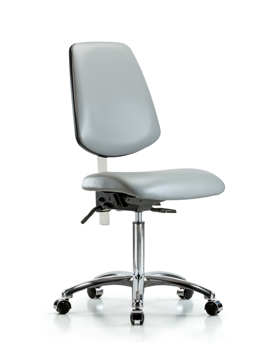 Blue Ridge Ergonomics NCR-VMBCH-MB-CR-T1-A0-NF-CC-8567 Class 100 Vinyl Clean Room Chair - Medium Bench Height with Medium Back, Seat Tilt, & Casters in Dove Trailblazer™ Vinyl