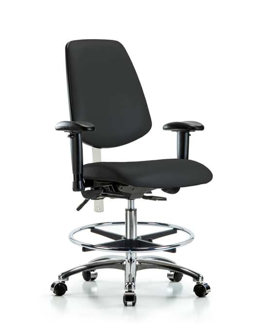 Blue Ridge Ergonomics NCR-VMBCH-MB-CR-T1-A1-CF-CC-8540 Class 100 Vinyl Clean Room Chair - Medium Bench Height with Medium Back, Seat Tilt, Adjustable Arms, Chrome Foot Ring, & Casters in Black Trailblazer™ Vinyl