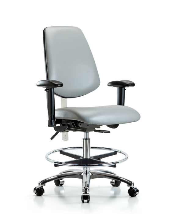 Blue Ridge Ergonomics NCR-VMBCH-MB-CR-T1-A1-CF-CC-8567 Class 100 Vinyl Clean Room Chair - Medium Bench Height with Medium Back, Seat Tilt, Adjustable Arms, Chrome Foot Ring, & Casters in Dove Trailblazer™ Vinyl